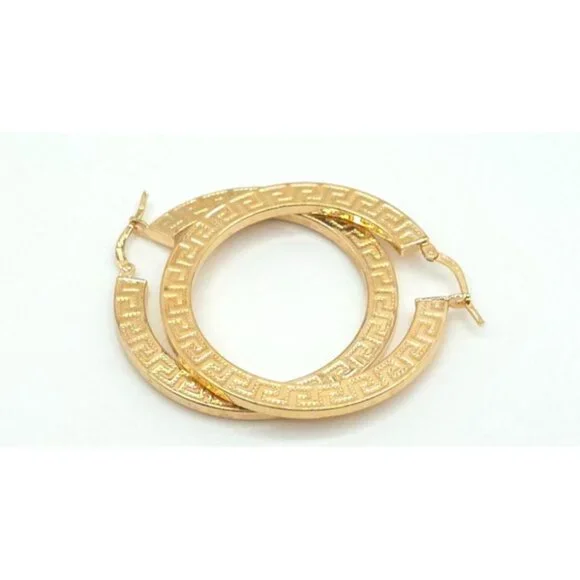 18K Gold-Plated Hoop Earrings With Greek Key Design Lightweight Elegant - Picture 1 of 5